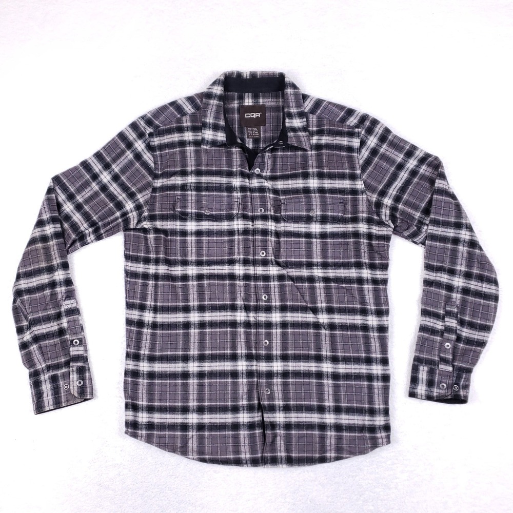 CQR Flannel Shirt Mens Large Plaid Long Sleeve Snap Front Heavywork Cotton Grey